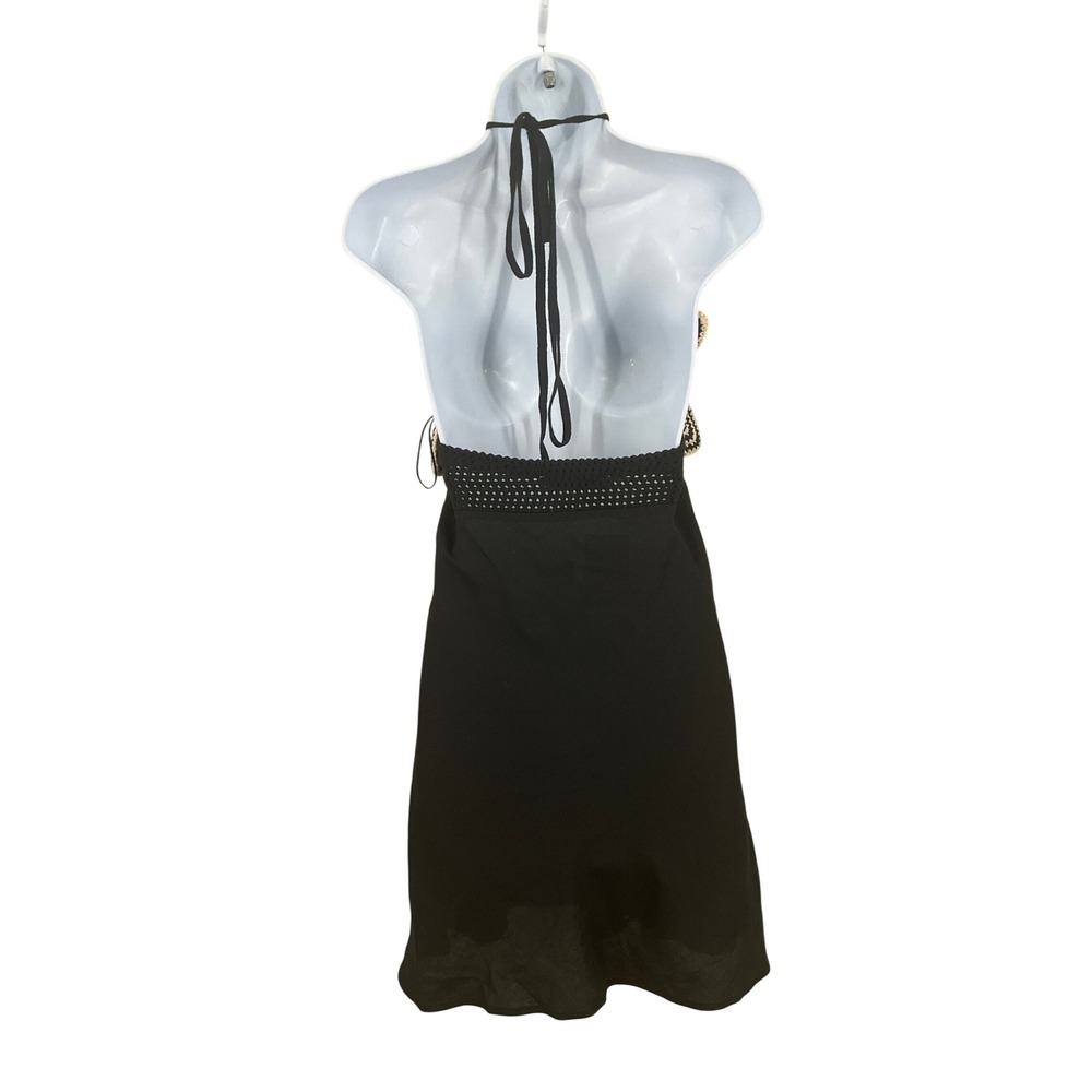 Zara Halter Dress Womens Sz S Black Linen 3D Crochet Flower Boho Festival Resort - Picture 3 of 10